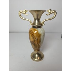 Vintage Onyx Marble Decorative Vase Brass 6in Tall Italy